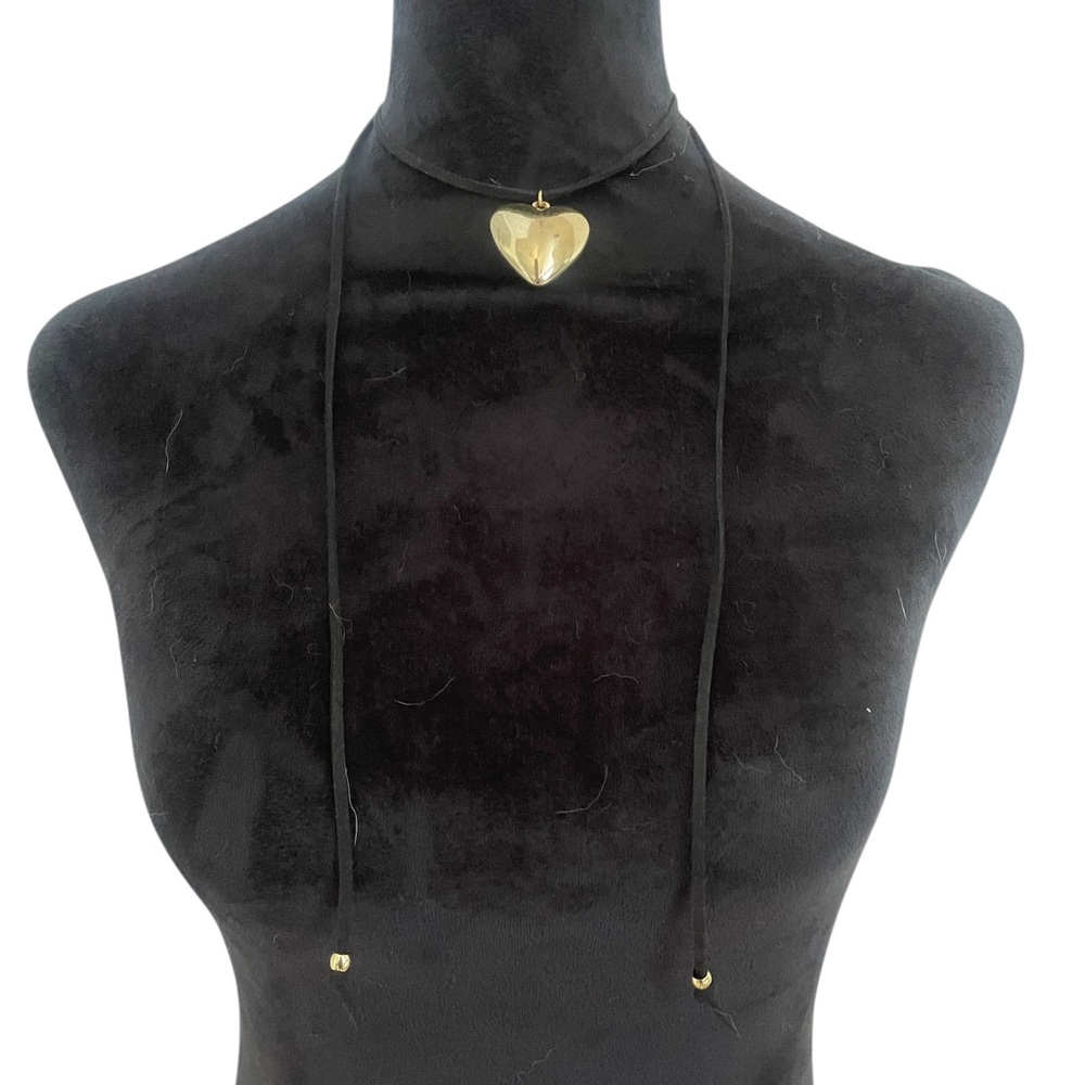 Puffy Gold Heart,Black straps Adjustable Choker Necklace